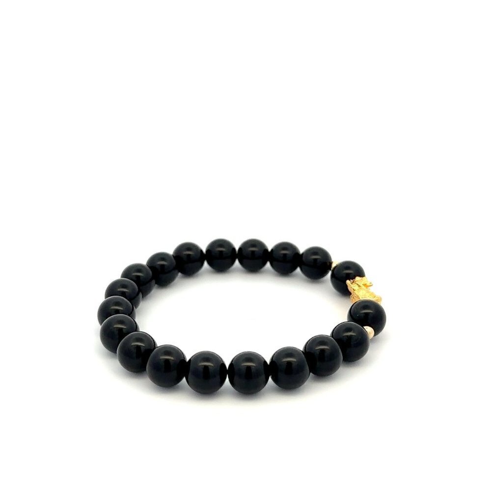 18K Gold Dragon Pixiu Piyao Lucky Charm Bead Bracelet Gemstone Black Onyx 8mm - Picture 7 of 9